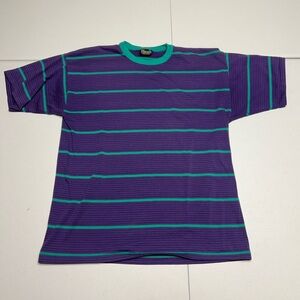 Men’s size medium- retro crewneck tee- teal and purple stripe